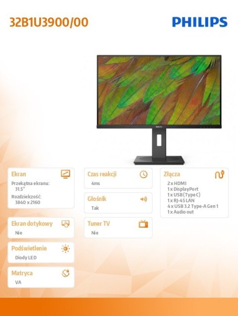 Monitor 32B1U3900 31.5 cala VA 4K HDMIx2 DP RJ45 USB-C Pivot Głośniki