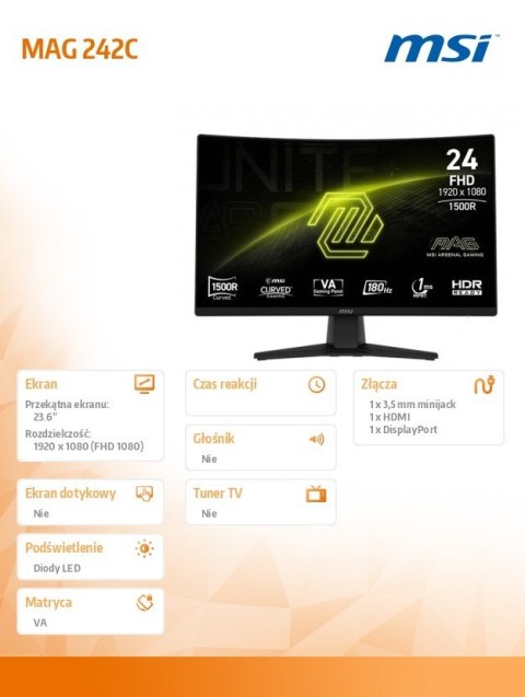 Monitor MAG 242C 23.6 cala/LED/FHD/Curved/180Hz/czarny