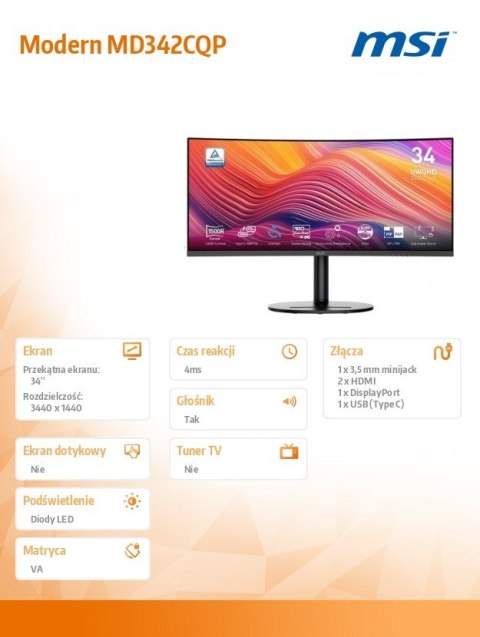Monitor Modern MD342CQP 34 cale LED/UWQHD/Curve/120Hz/Black