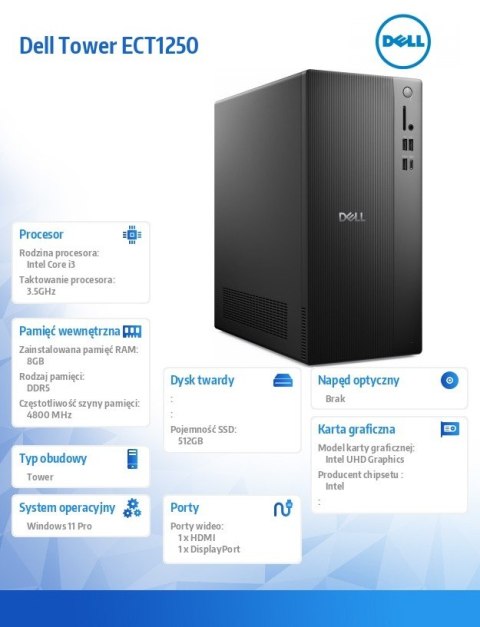 Komputer Dell Tower ECT1250 Win11Pro i3-14100/8GB/512GB SSD/UHD 730/WLAN + BT/Wireless Kb & Mouse/3YPS Komputer Dell Tower ECT1250 Win11Pro i3-14100/8GB/512GB SSD/UHD 730/WLAN + BT/Wireless Kb & Mouse/3YPS