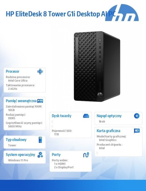 Komputer EliteDesk 8 Tower G1i U7-265 1TB/16GB/W11P A55S0ET Komputer EliteDesk 8 Tower G1i U7-265 1TB/16GB/W11P A55S0ET