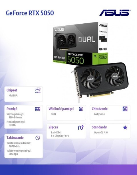 Karta graficzna GeForce RTX 5050 DUAL 8GB OC GDDR6 128BIT 3DP/HDMI Karta graficzna GeForce RTX 5050 DUAL 8GB OC GDDR6 128BIT 3DP/HDMI