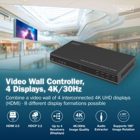 Kontroler ściany wideo 1xHDMI/USB-C (DP 1.2a) do 4xHDMI 4K/30Hz, USB-C, Audio 3.5mm, S/PDIF, RS232, sterowanie IR, 8 formatów wy Kontroler ściany wideo 1xHDMI/USB-C (DP 1.2a) do 4xHDMI 4K/30Hz, USB-C, Audio 3.5mm, S/PDIF, RS232, sterowanie IR, 8 formatów wy