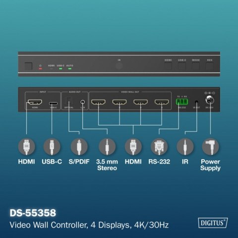 Kontroler ściany wideo 1xHDMI/USB-C (DP 1.2a) do 4xHDMI 4K/30Hz, USB-C, Audio 3.5mm, S/PDIF, RS232, sterowanie IR, 8 formatów wy Kontroler ściany wideo 1xHDMI/USB-C (DP 1.2a) do 4xHDMI 4K/30Hz, USB-C, Audio 3.5mm, S/PDIF, RS232, sterowanie IR, 8 formatów wy