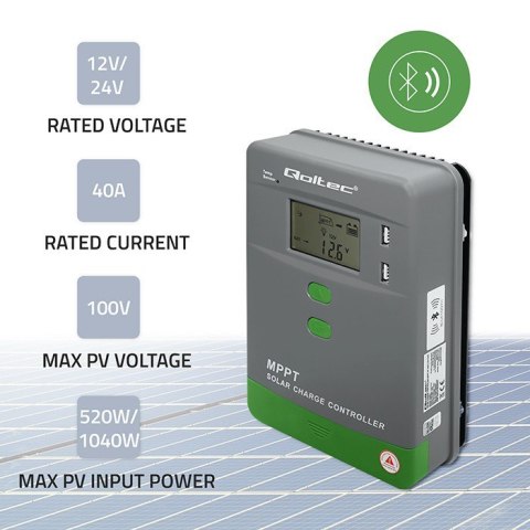 Solarny regulator ładowania MPPT z czujnikiem temperatury 40A | 12V/24V | LCD | 2xUSB | Bluetooth | APP | GEL | LiFePO4 Solarny regulator ładowania MPPT z czujnikiem temperatury 40A | 12V/24V | LCD | 2xUSB | Bluetooth | APP | GEL | LiFePO4