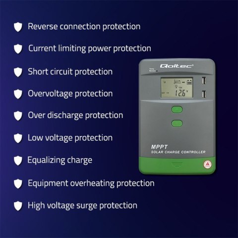 Solarny regulator ładowania MPPT z czujnikiem temperatury 40A | 12V/24V | LCD | 2xUSB | Bluetooth | APP | GEL | LiFePO4 Solarny regulator ładowania MPPT z czujnikiem temperatury 40A | 12V/24V | LCD | 2xUSB | Bluetooth | APP | GEL | LiFePO4