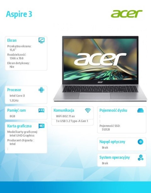 Laptop Aspire 3 A315-59-35WU i3-1215U 15.6 8GB 512GB NoOS Srebrny
