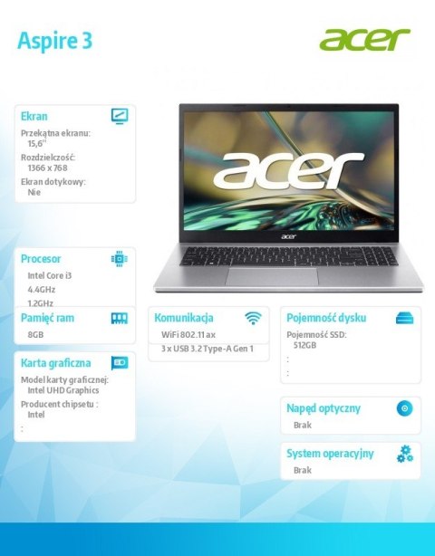 Laptop Aspire 3 A315-59-35WU i3-1215U 15.6 8GB 512GB NoOS Srebrny