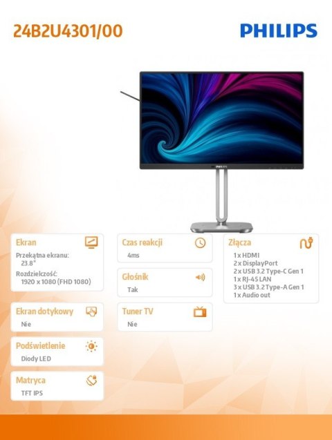 Monitor 24B2U4301 23.8 cala IPS 120Hz HDMI DP USB-C Pivot Głośniki