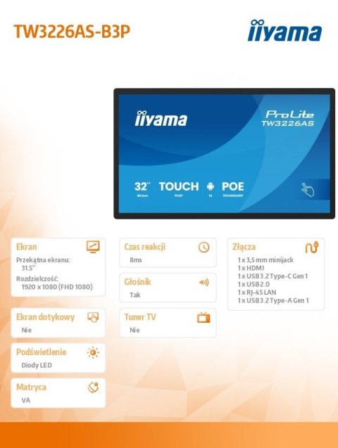 Monitor 32 cale TW3226AS-B3P POJ.10PKT.VA.24/7.FHD,500cd,HDMI,3xUSB, 1xUSB-c,RJ45,MIC, 2x5W,ANDROID 14,RK3567, 4/32GB, iiSign2 Monitor 32 cale TW3226AS-B3P POJ.10PKT.VA.24/7.FHD,500cd,HDMI,3xUSB, 1xUSB-c,RJ45,MIC, 2x5W,ANDROID 14,RK3567, 4/32GB, iiSign2