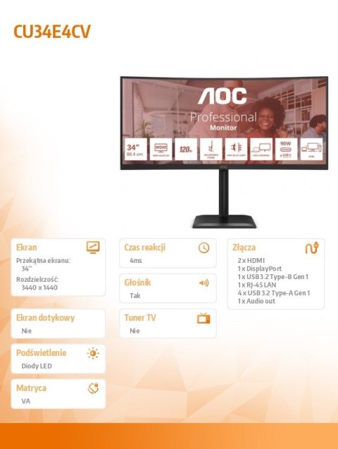 Monitor CU34E4CV 34 cale 120Hz Curved VA HDMIx2 DP RJ45 HAS Głośniki Monitor CU34E4CV 34 cale 120Hz Curved VA HDMIx2 DP RJ45 HAS Głośniki