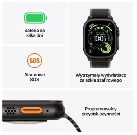 Watch Ultra 3 GPS + Cellular, koperta 49 mm z tytanu w kolorze naturalnym, opaska Trail w kolorze niebieskim/jaskrawoniebieskim Watch Ultra 3 GPS + Cellular, koperta 49 mm z tytanu w kolorze naturalnym, opaska Trail w kolorze niebieskim/jaskrawoniebieskim