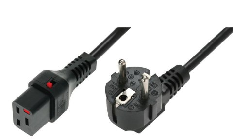 Kabel połączeniowy zasilający blokada IEC LOCK 3x1,5mm2 Schuko kątowy/C19 prosty M/Ż 2m Czarny
