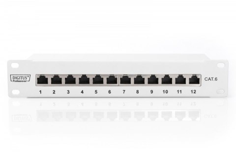 Patch panel 10 cali 12-portów RJ-45 Kat.6 ekranowany 1U kompletny LSA, wspornik kablowy, szary Patch panel 10 cali 12-portów RJ-45 Kat.6 ekranowany 1U kompletny LSA, wspornik kablowy, szary