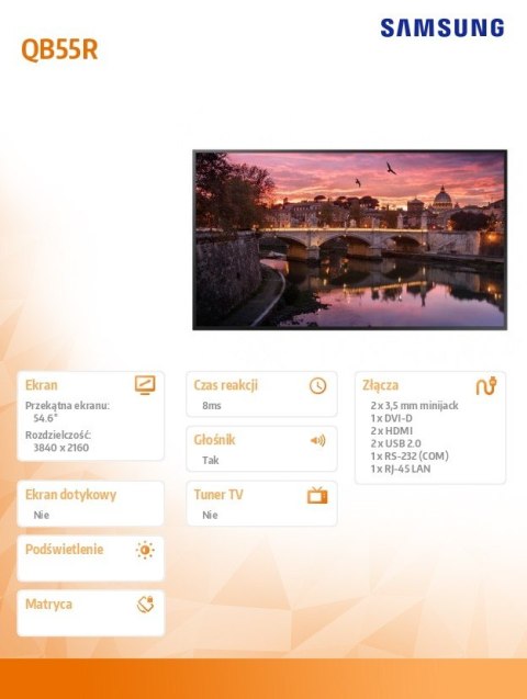 Monitor profesjonalny QB55R 55 cali Błyszczący 16h/7 350(cd/m2) 3840x2160 (UHD) S6 Player (Tizen 4.0) Wi-Fi/BT 3 lata d2d (LH55