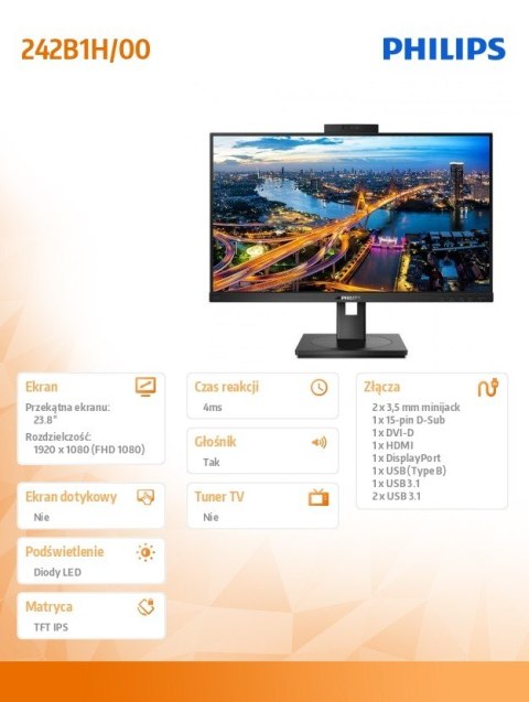 Monitor 242B1H 23.8 IPS DVI HDMI DP Pivot Webcam