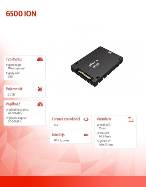 Dysk SSD 6500 ION 30720GB NVMe U.3 15mm Single Pack