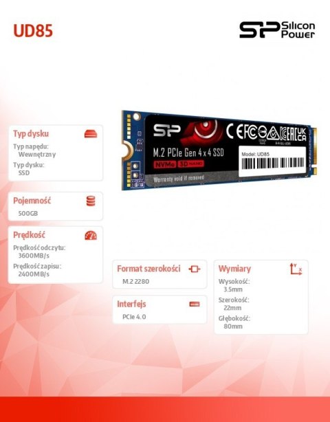 Dysk SSD UD85 500GB PCIe M.2 2280 NVMe Gen 4x4 3600/2400 MB/s
