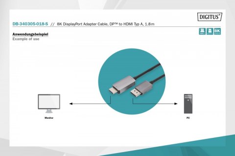 Kabel adapter DisplayPort - HDMI 8K 60Hz DP/HDMI M/M 1,8m Kabel adapter DisplayPort - HDMI 8K 60Hz DP/HDMI M/M 1,8m