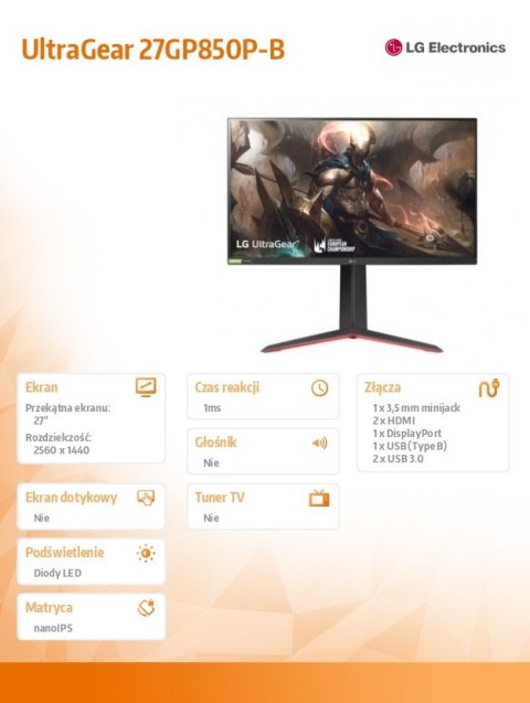 Monitor 27GP850P-B 27 cali IPS UltraGear QHD 165Hz 1ms