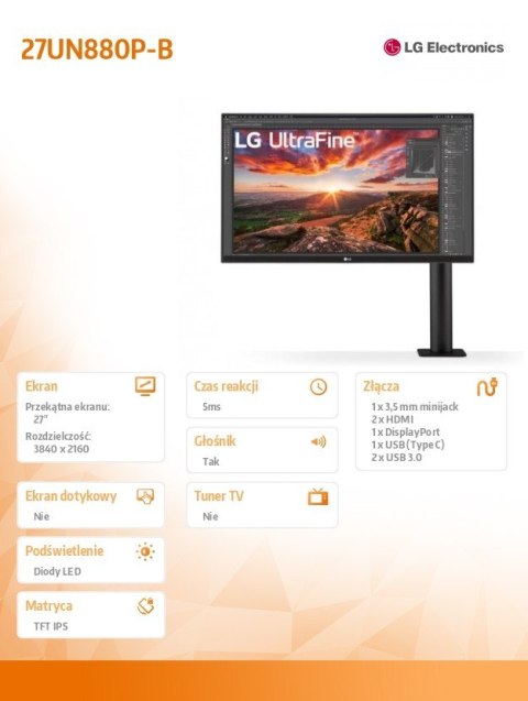 Monitor 27UN880P-B 27 cali IPS UHD 4K Ergo USB-C