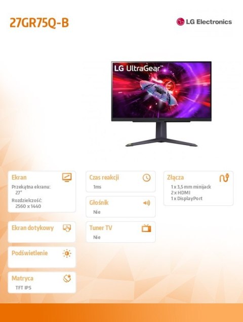 Monitor gamingowy 27GR75Q-B 27 cali IPS UltraGear QHD 165Hz 1ms