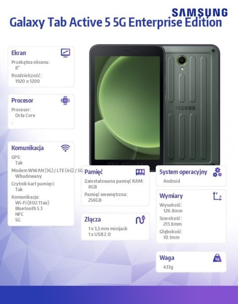 Tablet Galaxy Tab Active 5 5G 8 cali 8+256GB Enterprise Edition czarny