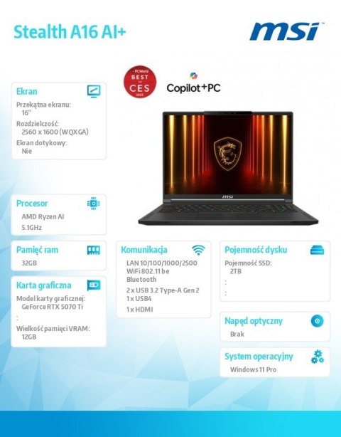 Notebook Stealth A16 AI+ A3XWHG-042PL Windows11PRO/R9-HX370/32GB/2TB/RTX5070Ti/16cali