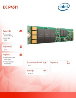 Dysk SSD DC P4511 1.0TB, M.2 110mm PCIe 3.1 x4, 3D2, TLC SSDPELKX010T801