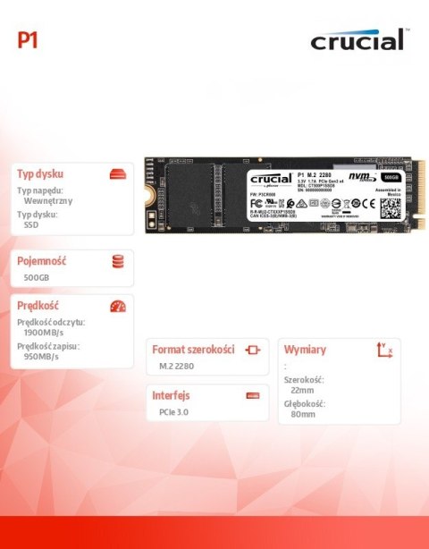 Dysk SSD P1 500GB M.2 PCIe NVMe 2280 1900/950MB/s
