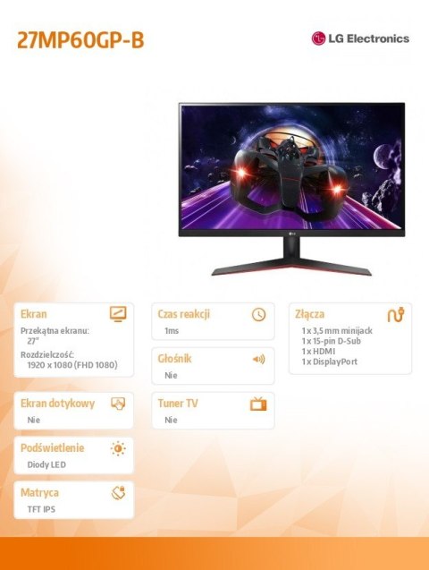 Monitor 27MP60GP-B 27 cali IPS FHD 1ms MBR FreeSync