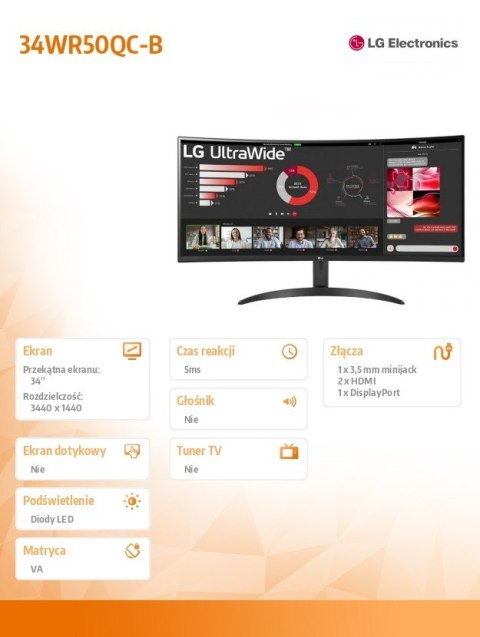 Monitor 34WR50QC-B Ultawide 34 cale WQHD 21:9 FreeSync