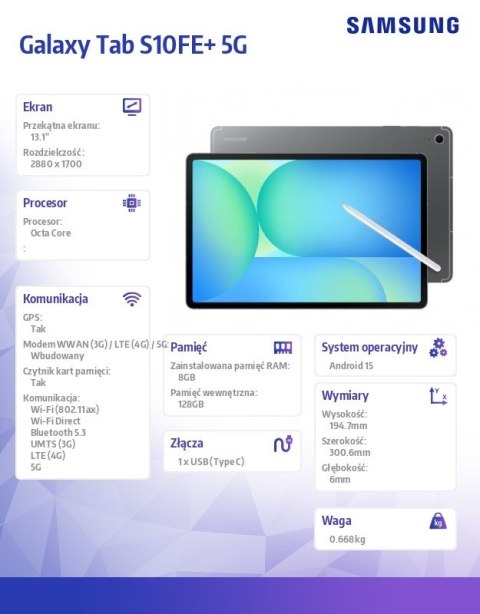 Tablet Galaxy Tab S10FE+ 13.1 cala 5G 8/128 GB szary