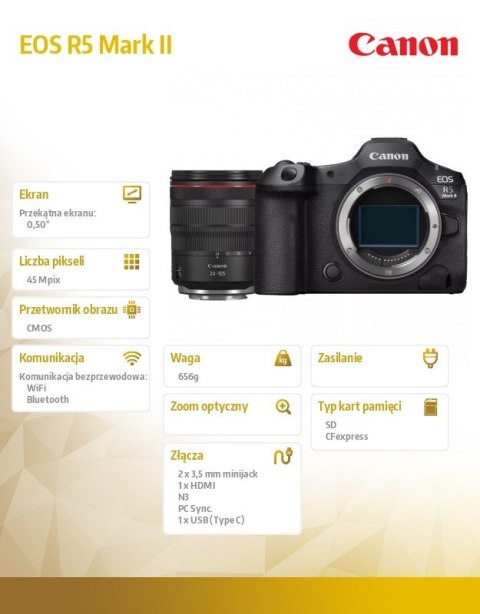 Aparat bezlusterkowy EOS R5 Mark II V6 Body + RF24-105 L EU26 6536C014 Aparat bezlusterkowy EOS R5 Mark II V6 Body + RF24-105 L EU26 6536C014