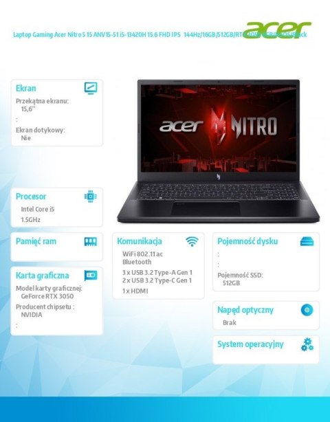Laptop Gaming Acer Nitro 5 15 ANV15-51 i5-13420H 15.6 FHD IPS 144Hz/16GB/512GB/RTX 3050 6GB/NoOS/Black
