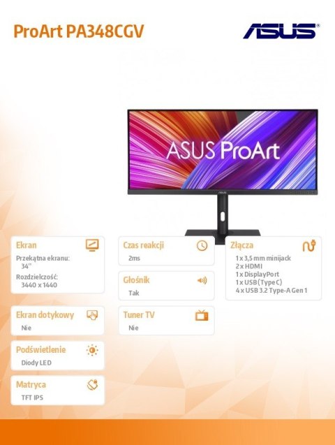 Monitor 34 cale PA348CGV ProArt IPS 21:9 QHD 120Hz HDMI DP USB-C USB-HUB GŁOŚNIK