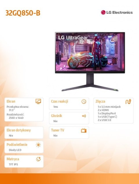 Monitor gamingowy 32GQ850-B 32 cale QHD Nano IPS UltraGear 240Hz