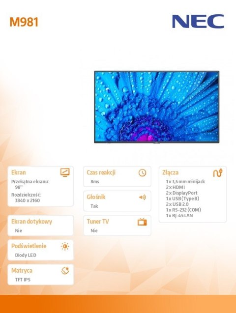Monitor wielkoformatowy MultiSync M981 98 cali UHD 500cd/m2 24/7