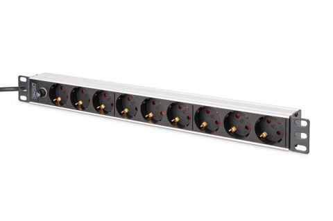 Listwa zasilająca PDU Rack 19" z bezpiecznikiem przeciążeniowym, 9 gniazd Schuko CEE 7/3 (45°), kabel 2m wtyk IEC C14, 10A, alum Listwa zasilająca PDU Rack 19" z bezpiecznikiem przeciążeniowym, 9 gniazd Schuko CEE 7/3 (45°), kabel 2m wtyk IEC C14, 10A, alum