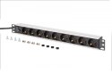 Listwa zasilająca PDU Rack 19" z bezpiecznikiem przeciążeniowym, 9 gniazd Schuko CEE 7/3 (45°), kabel 2m wtyk IEC C14, 10A, alum