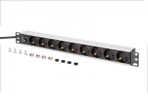 Listwa zasilająca PDU Rack 19" z bezpiecznikiem przeciążeniowym, 9 gniazd Schuko CEE 7/3 (45°), kabel 2m wtyk IEC C14, 10A, alum Listwa zasilająca PDU Rack 19" z bezpiecznikiem przeciążeniowym, 9 gniazd Schuko CEE 7/3 (45°), kabel 2m wtyk IEC C14, 10A, alum