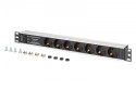 Listwa zasilająca PDU Rack 19" z zabezpieczeniem przeciwprzepięciowym + filtr EMI/RFI, 7 gniazd Schuko CEE 7/3, kabel 2m, wtyk U