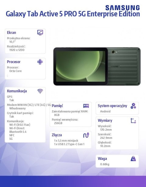 Tablet Galaxy Tab Active 5 PRO 5G 10.1 cala 8/256GB Enterprise Edition zielony