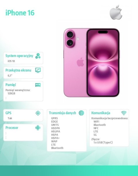 IPhone 16 128GB - Różowy IPhone 16 128GB - Różowy