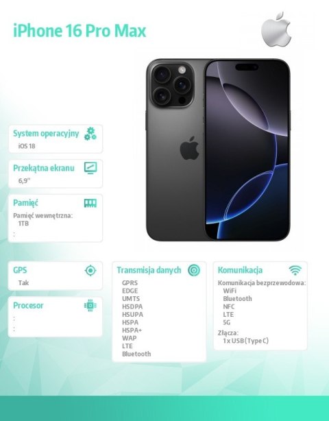 IPhone 16 Pro Max 1TB - Tytan czarny IPhone 16 Pro Max 1TB - Tytan czarny