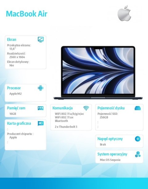MacBook Air 13.6: M2 8/8, 16GB, 256GB - Północ MC7X4ZE/A MacBook Air 13.6: M2 8/8, 16GB, 256GB - Północ MC7X4ZE/A