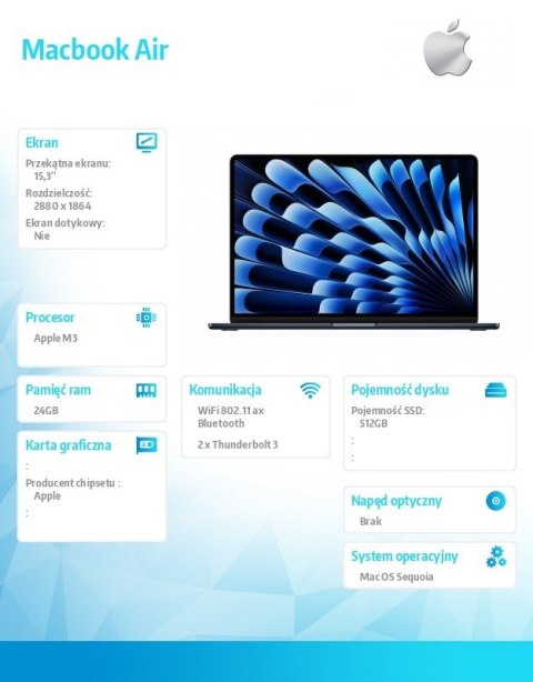 MacBook Air 15.3: M3 8/10, 24GB, 512GB - Północ MC9L4ZE/A MacBook Air 15.3: M3 8/10, 24GB, 512GB - Północ MC9L4ZE/A
