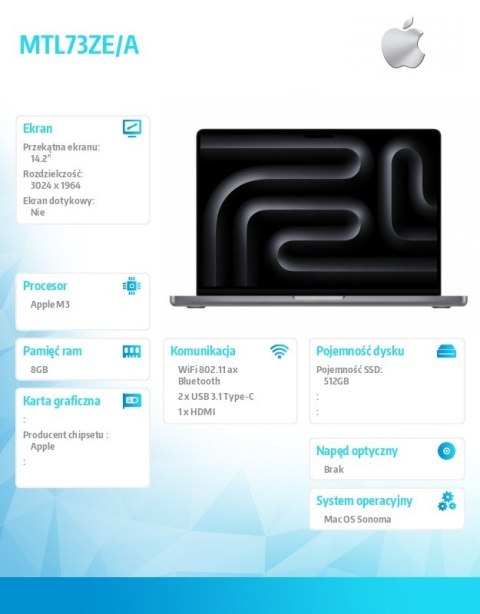 MacBook Pro 14,2 cali: M3 8/10, 8GB, 512GB - Gwiezdna szarość MacBook Pro 14,2 cali: M3 8/10, 8GB, 512GB - Gwiezdna szarość