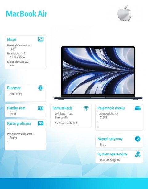 MacBook Air 13,6 cali: M4 10/10, 16GB, 512GB, 35W - Północ - MW123ZE/A/P1/D1 MacBook Air 13,6 cali: M4 10/10, 16GB, 512GB, 35W - Północ - MW123ZE/A/P1/D1