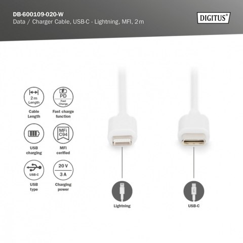 Kabel do transmisji danych/ładowania USB C/Lightning MFI 2m Biały